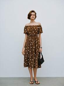 Lumivelle Polka Dot Off Shoulder Long Dress With Puff Sleeves, Retro Style - Mocha Brown - View 4