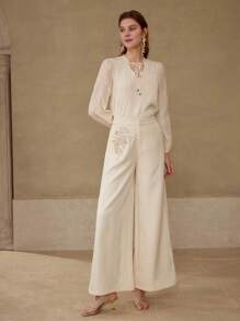 MOTF PREMIUM EMBROIDERY TIE NECK TOP - Apricot - View 3