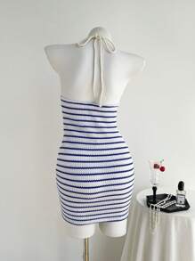 Chiquease Blue And White Striped Knit Sleeveless Bodycon Turtleneck Dress - Blue and White - View 2