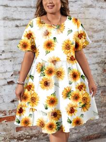 EMERY ROSE Casual Simple Sunflower Print Bright Yellow Loose Fit Round Neck Short Sleeve Plus Size Dress, Suitable For Spring/Summer Vacation Chic Dress - Multicolor - View 4