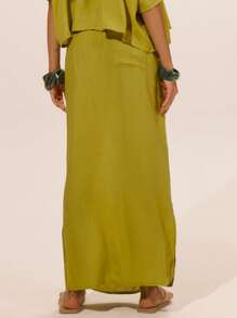 MUSERA Chân váy maxi thắt eo bằng chất liệu satin, thích hợp cho kỳ nghỉ hè ở Ibiza, dễ thương, lãng mạn, lễ hội, du lịch, đi biển, thanh lịch, thường ngày. - Màu vàng - Xem 4
