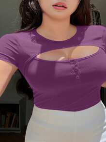 Dazy Plus Plus Elastic Fitted Hollow-Out Crew Neck Short Sleeve T-Shirt, Chinese New Year, Spring/Summer