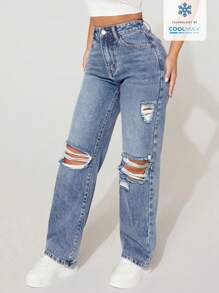 SHEIN PETITE 纯色破洞口袋休闲时尚牛仔裤 - 霧霾藍 - 查看 3