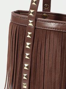 SHECARRY Y2K Sexy Babe Fringe Metal Rivet Distressed Retro Handbag - Brown - View 8