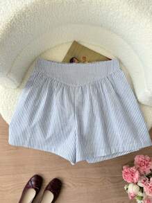 SHEIN LUNE 女士服装夏季棉质条纹V形松紧腰女式短裤，适合夏季休闲和度假 - 藍白色 - 查看 1