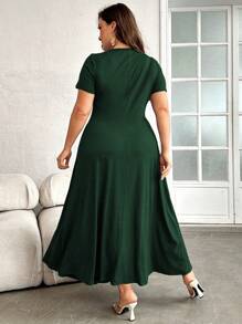 Mulvari Plus Button Neckline Press Crease Detail Short Sleeve Dress, Maxi Dress For Beach, Party, Summer, Casual, Vacation And Dating