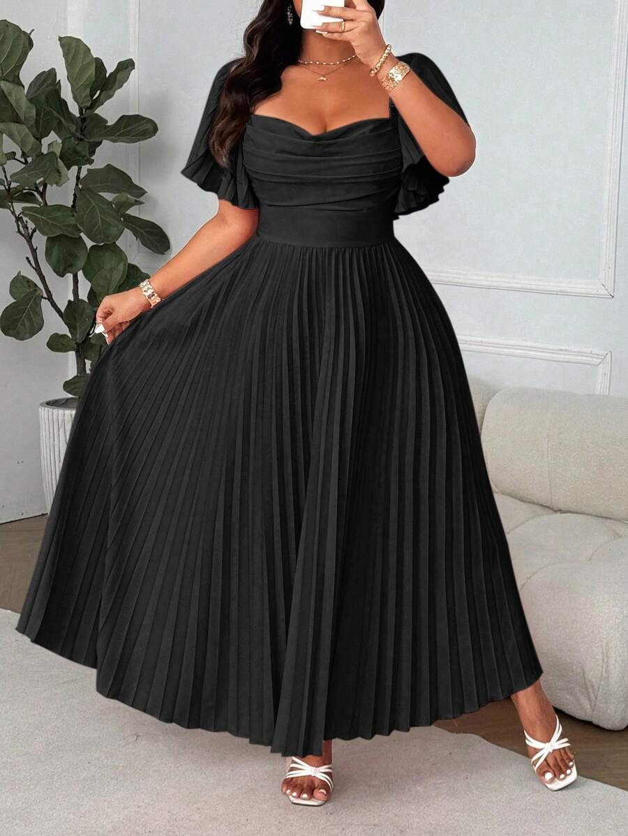 EMERY ROSE Große Größen Kleid mit quadratischem Ausschnitt, Herzausschnitt, Rüschenärmel, plissiertem A-Linien-Schnitt, vintage elegant für Frühling/Sommer, Urlaub, Hochzeitsgast, Party, Frauen