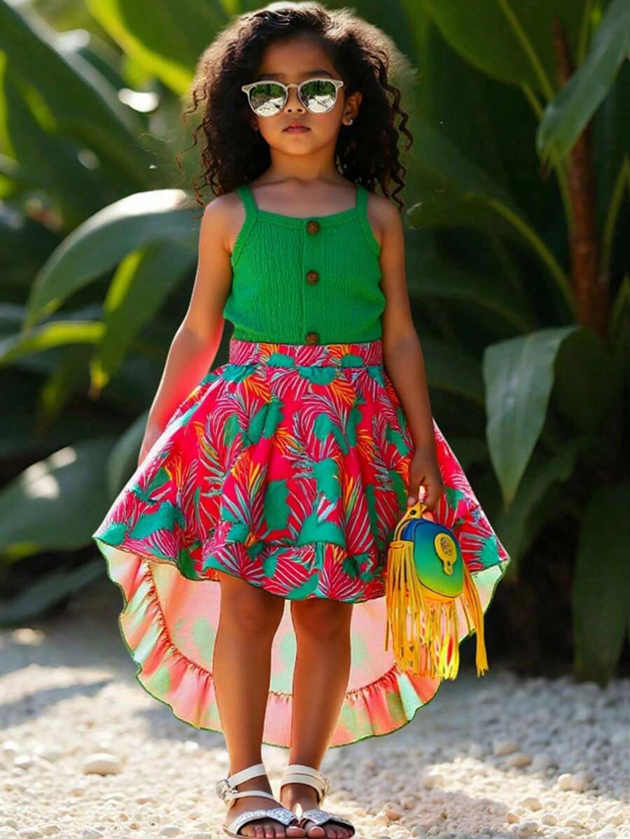 Girls Summer Lightweight Knitted Crinkle Fabric Sleeveless Top With Button Decor & Asymmetric Hem Skirt Vacation Outfit, Casual & Fashionable - Green - View 1