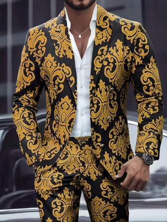 Manfinity AFTRDRK 男士全印花双排扣长袖西装外套和口袋长裤西装套装