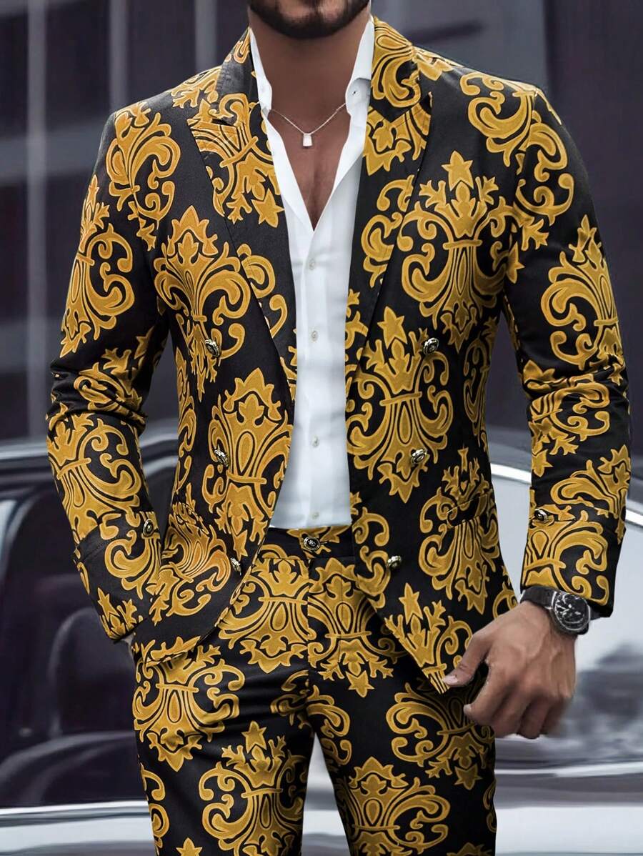 Manfinity AFTRDRK Men's Allover Print Double-Breasted Long Sleeve Suit Jacket And Pocket Long Pants Suit Set - Yellow - View 1