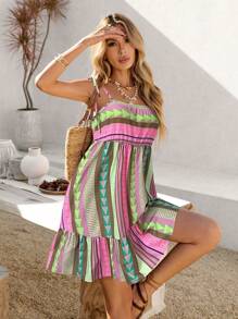 SHEIN VCAY Women's Geometric Print Spaghetti Strap Tie Up Mini Dress, Suitable For Summer