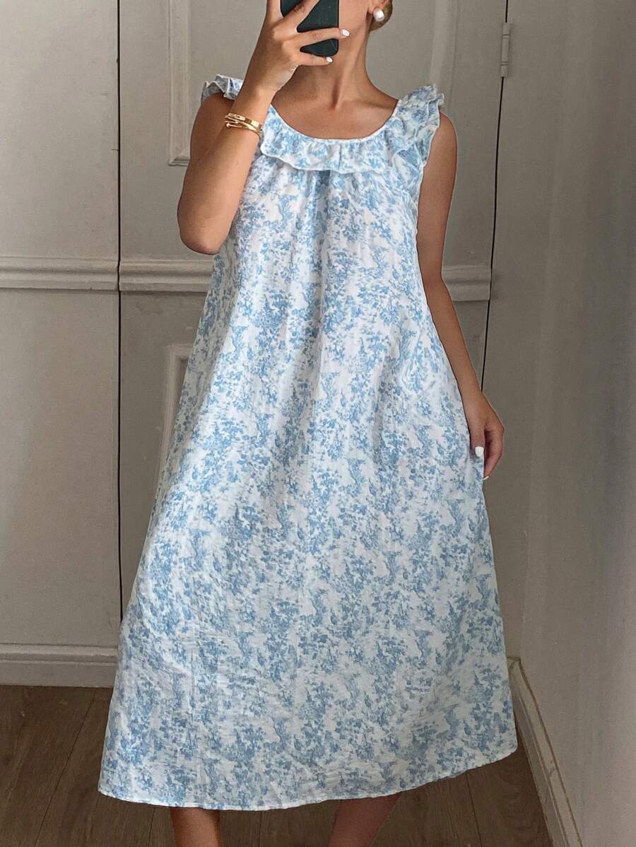DAZY Full Print Ruffle Hem Sleeveless Long Lady Nightgown Pajama - White - View 1