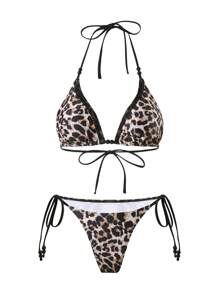 Swim SXY Sexy Leopard Print Lace Trim Bikini Set For Women, 3-Piece Swimsuit For Summer Beach Vacation