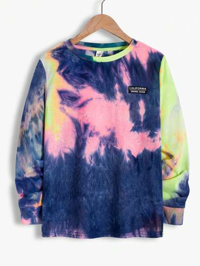 Tween Boy 1pc Casual Sports Street Comfortable Versatile Warm Super Cost-Effective Heterochromatic Tie-Dye Plus Woven Mark Design Round Neck Long Sleeve T-Shirt Back To School Clothes, Fall Autumn Winter Tie Dye Tee