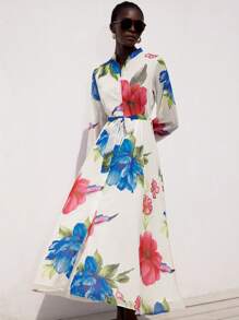 Aveloria Modichic Vestido de manga larga, holgado y cómodo para mujer con diseño de capas de gasa estampada, cinturón en la cintura y estilo elegante francés