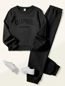 SHEIN Chica preadolescente Pantalones deportivos con pullover con estampado de letra con forro térmico