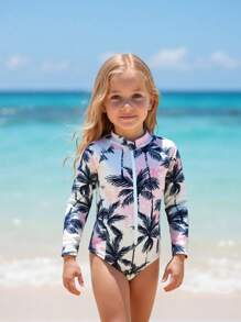 SHEIN Young Girls' Palm Tree Print One-Piece Swimsuit With Raglan Sleeves Kids Swimsuit Long Sleeve Swim Suit For Girls Long Sleeve Long Sleeve Girls Swimsuit Long Sleeve Bathing Suit Kids Girls Swimwear Long Sleeve Summer Holiday