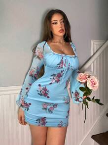 Firerie Vestido mini ajustado con volantes y estampado floral elegante para mujer, adecuado para vacaciones, bodas