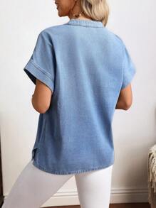 EMERY ROSE Women's Solid Color Notched Neck Casual Short Sleeve Denim Blouse, Summer - Blue - View 2