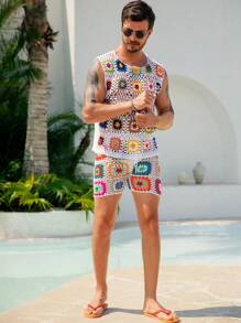 Manfinity Swimmode Men's Bohemian Style Round Neck Sleeveless Knitted Top And Shorts, 2 Pieces Knit Suit Crochet