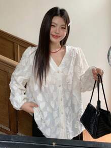 Dazy Plus Plus Size V-Neck Lace Trim Loose 3/4 Sleeve White Shirt Long Sleeve Top - White - View 8