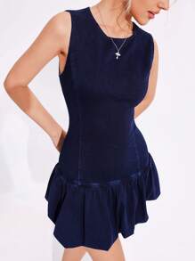 Flexra Vestito di jeans casual da donna, con collo rotondo, senza maniche, con orlo plissettato