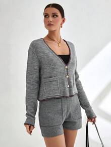 EURMUSE Áo len cardigan màu xám lấy cảm hứng từ phong cách cổ điển với viền thêu tương phản, nút ngọc trai và dáng ôm vừa vặn - Xám - Xem 3
