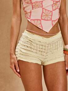 MUSERA 低腰荷叶边修身超短热裤，适合夏季度假，波西米亚风，伊比沙岛风情，优雅俱乐部沙滩装，可爱性感，适合节日狂欢派对。 - 黃色 - 查看 2