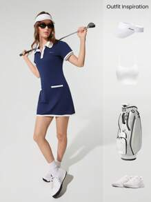 GLOWMODE Cotton Piqué Full Court Colorblock Decorative Pockets Button Polo Collar Dress Tennis Golf Pickleball Low Impact Daily Casual Wear