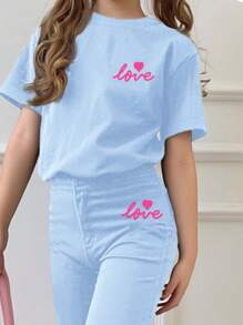 SHEIN Tween Girls Casual Simple Style Long Sleeve Two Pieces Set, Suitable For Autumn/Winter - Blue - View 3