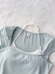 SHEIN Leap Crew Teen Girls' Cute Shoulder Bowknot Blue And White 2 In 1 T-Shirt Top, Summwe Sweet Style Suitable For Dates, School, Daily Wear, Casual Outings - Blue and White - View 3