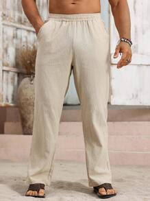 Manfinity RSRT 男士纯色弹性腰侧口袋直筒亚麻休闲裤，秋季