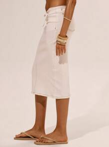 MUSERA 牛仔腰带修身中长牛仔裙 春夏伊比沙岛度假可爱浪漫节日度假沙滩装 海滩超凡脱俗时尚 - 白色 - 查看 3