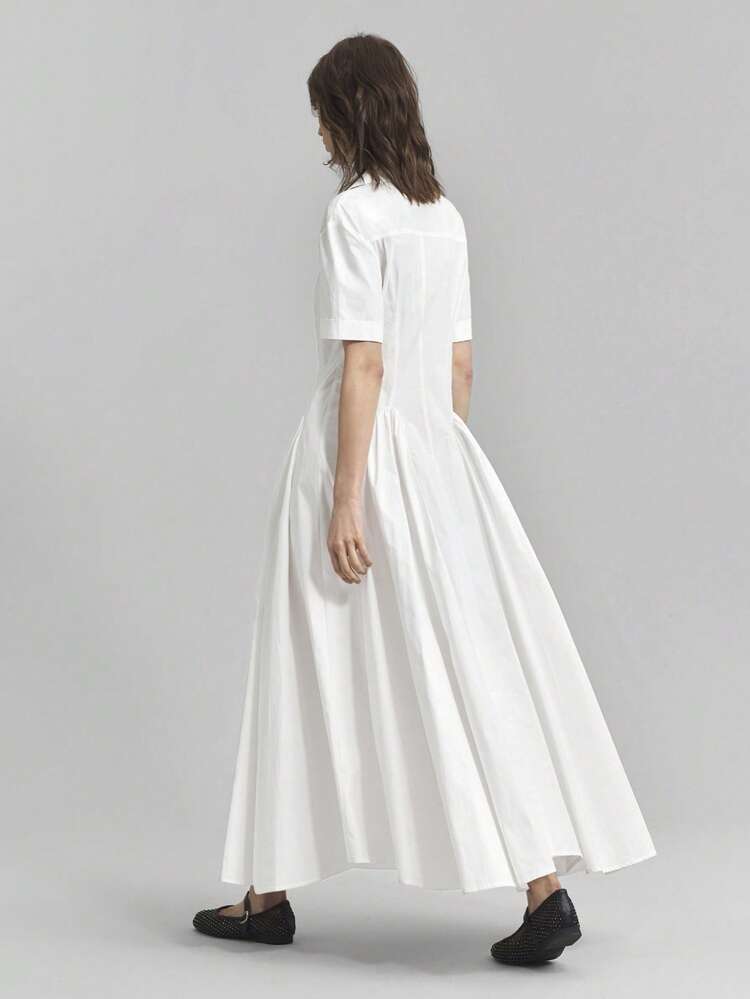 2025 Spring Summer Women Solid Color Short Sleeve Single Breasted Pleated Casual Shirt Long Dress, Women Summer Dresses, Women Spring Dress, Women Mid-Length Dress, Graduation Dress, Elegant Women Dress