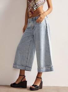 Bohemela 女式夏季波西米亚风编织低腰阔腿七分牛仔裤 - 淺色水洗藍 - 查看 3