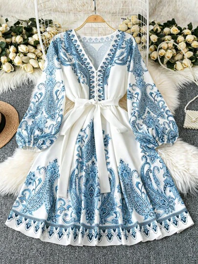 DreamSkyne Court Retro  Plus Size Women Locating Floral Print Elegant Lantern Sleeve V-Neck Elastic Waist A-Line Dress Fall Cloth For Women