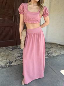 EURMUSE Women's Vacation Set  Shoulder Ruffled Crew Neck Top And Ruffled Maxi Skirt With Pleat. Chic And Cozy - Baby Pink - View 1
