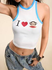 Paul Frank X SHEIN 女式夏季 Y2K 街头白色撞色装饰可爱卡通图案热钻圆领背心 - 淺藍色 - 查看 1