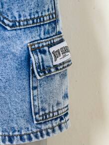 SHEIN Playful Pals 男童休闲多口袋水洗牛仔工装短裤 - 中等水洗藍 - 查看 6