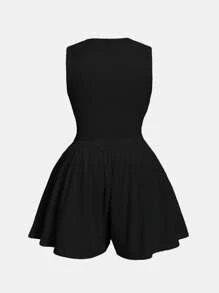 SHEIN MOD Combinaison noire ample à col en V et taille marquée avec jambe large pour grande taille