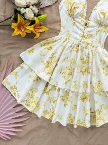Soleia 女式花卉印花露背设计荷叶边下摆迷你度假连衣裙 - 彩色 - 查看 4