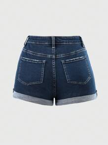 SHEIN ICON Quần short denim rách nhẹ nhàng mùa hè - Rửa tối - Xem 2