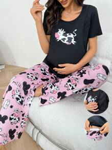 SHEIN Cartoon Kuh Muster Kurzarm & Hose Umstandspyjama Set