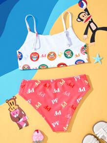 Paul Frank X SHEIN 2pcs/Set Tween Girl Cartoon Monkey Print Camisole Top And Briefs Summer Bikini Set - Multicolor - View 2