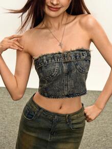INAWLY Fashionable Washed Frayed Hem Cropped Denim Bustier Top - Dusty Blue - View 4