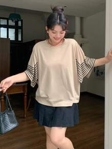Dazy Plus Raglan Batwing Sleeve Contrast Stripe Patchwork Loose Round Neck Summer T-Shirt - Apricot - View 6