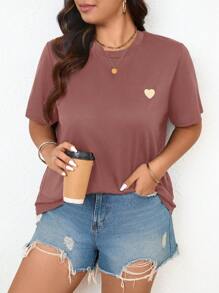 SHEIN Frenchy Plus Size Casual Heart Embroidered Round Neck Short Sleeve T-Shirt