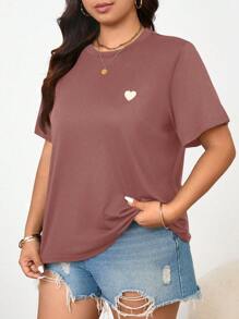 SHEIN Frenchy Plus Size Casual Heart Embroidered Round Neck Short Sleeve T-Shirt