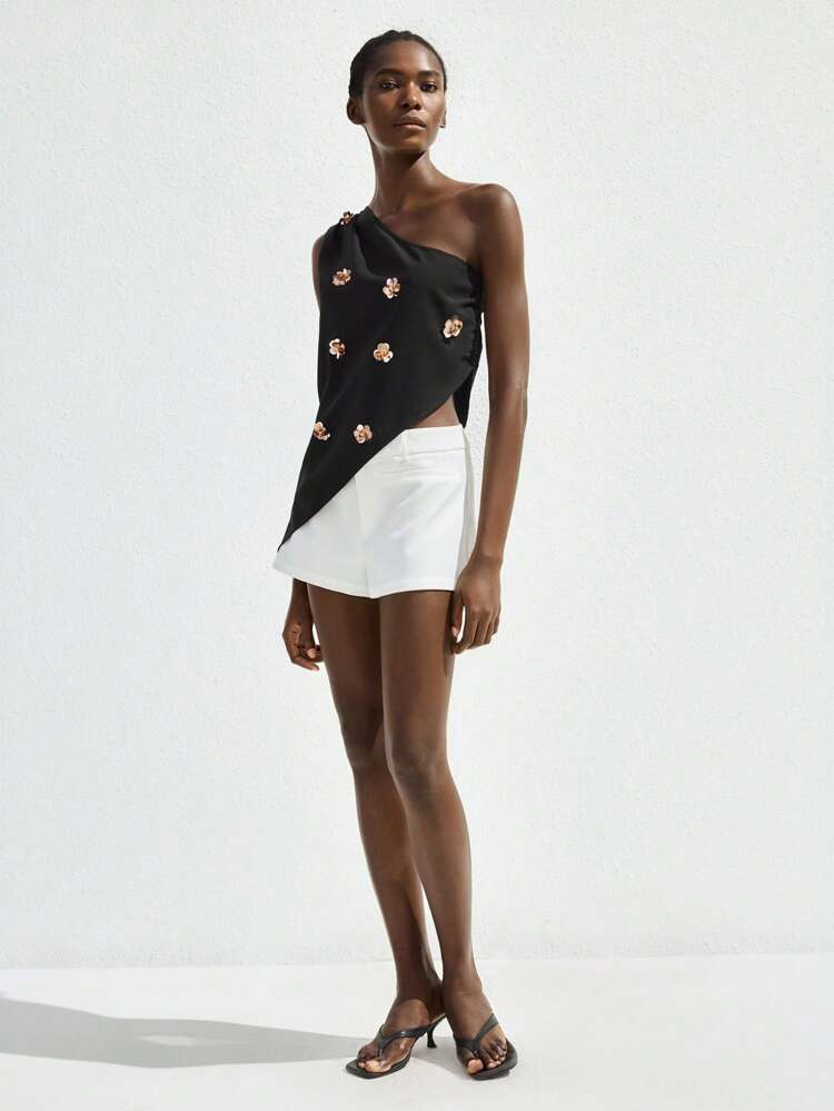 SHEIN Maija New Season One-Shoulder Asymmetric Butter Yellow Sequins & Embroidery Black Top For Women, Suitable For Modern Casual, 4th Of July, USA Top, Graduation, Summer,Suitable For Summer Vacation Woman Beach Vacation,Birthday,Club