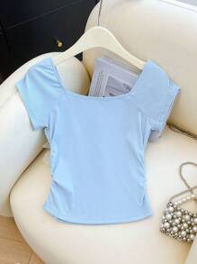 Franclia Elegant Square Collar 3D Floral Ruffle Fitted Short Sleeve T-Shirt - Blue - View 2